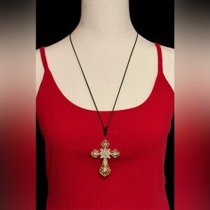 Gothic Cross Pendant Necklace Adjustable Black String Rope Victorian Gold Tone